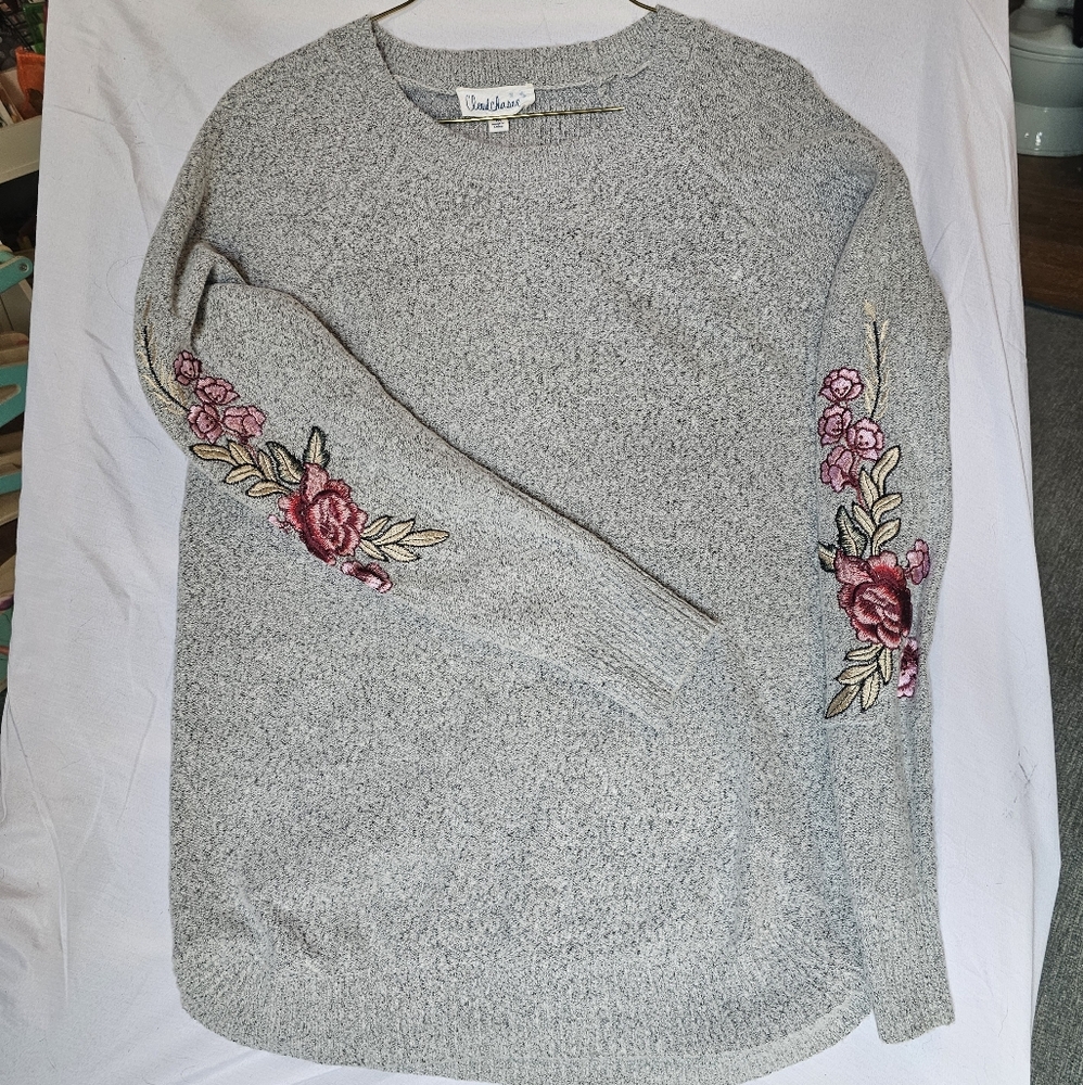 Heathered Grey Floral Embroidery Sweater
